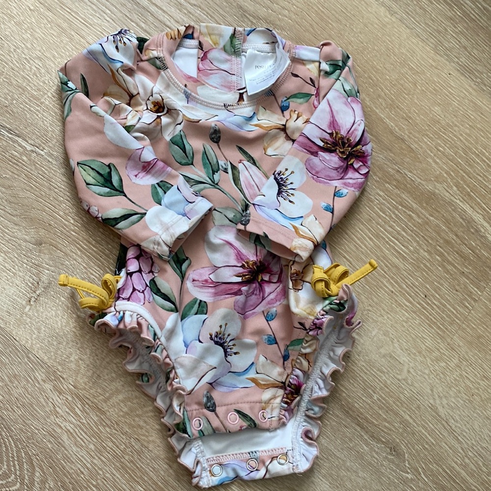 Posh Peanut Floral Margot Long Sleeve Ruffled Rash Guard Swimsuit 3-6 months